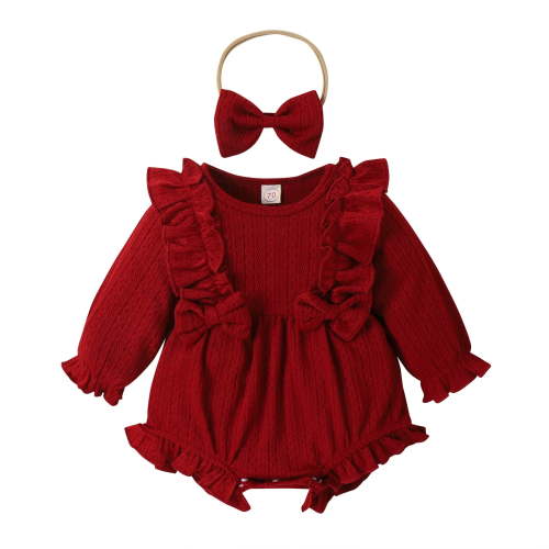 Infant Baby Girl Fall Winter Ruffled Bodysuit Sweater Romper + Headband Long Sleeve Warm Jumpsuit 0-18M