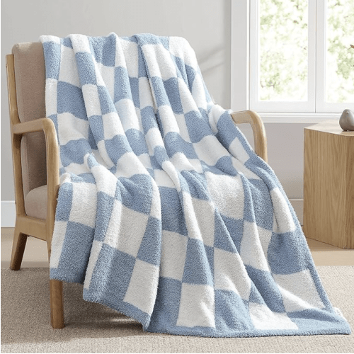 Blue Checkered Throw Blanket for Couch, Bed, Sofa - Reversible Microfiber Soft Cozy and Warm Throws, Lightweight Fluffy Fuzzy Plush Home Decor Blankets for All Seasons (Blue, 50" x 60")