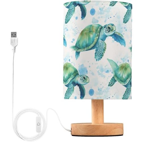 Bedside Lamp Sea Turtles Teal Table Lamp for Bedroom LED Nightstand Lamp Shade USB Ports Wood Base for Living Room Dorm Office