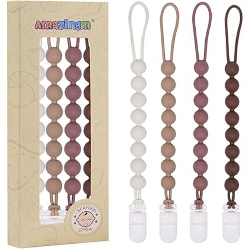 One Piece Design Silicone Pacifier Clip Holder for Baby Boys and Girls,Flexible Pacifier Leashes,Soft Teether Clip for Newborns,4-Pack. (Brown)