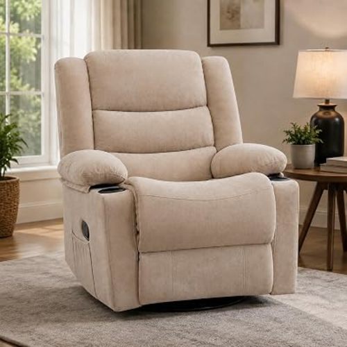 Recliner Chair,360°Swivel Rocking Chairs for Adult,Nursery Chair,Recliner with Side Pockets and Cup Holders,Rocker Recliner with a Suitable for Living Rooms,Bedrooms,Light Brown