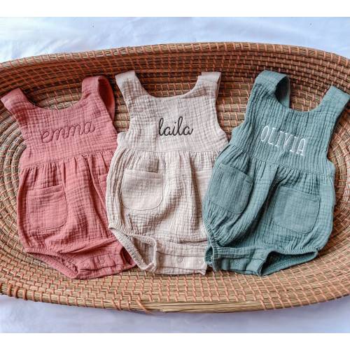 Organic Cotton Personalized Romper- Name & Pregnancy Announcement - Newborn Girl Embroidered Outfit- Baby Shower/ First Birthday Gift