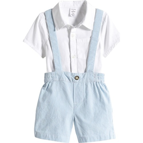 Baby Short Sleeve Cotton Button-Up Bodysuit & Stripe Shortalls Set, 9 M, Blue Basalt Rupert Stripe