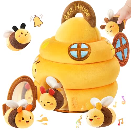 Baby Toys 6-12 Months - Soft Beehive Infant Toy with 5 Sensory Bees, Rattle, Crinkle, Squeaker, Mirror & Music, Montessori Toys for Babies 3 6 9 12 18 Months, Baby Boys Girls Christmas Birthday Gifts