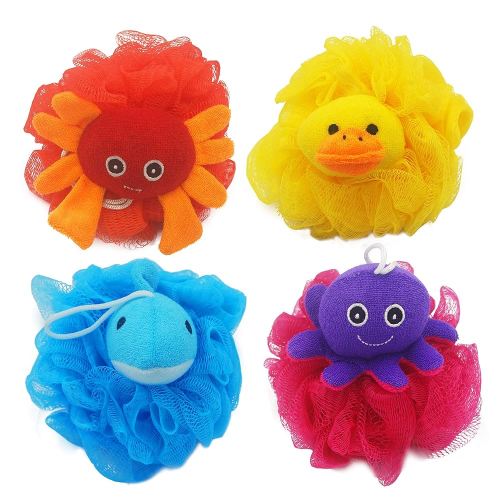 (4 Pack) Lovely Animal Design Kids Exfoliating Bath Scrubber Body Scrubber Shower Ball for Baby Toddler Kids Gentle Exfoliating Bath Sponge Loofah Pouf in Colorful Design
