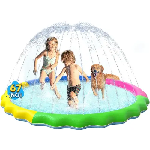 VISTOP Non-Slip Splash Pad for Kids and Dog, Thicken Sprinkler Pool Summer Outdoor Water Toys - Fun Backyard Fountain Play Mat for Baby Girls Boys Children or Pet Dog (67 inch, Red&Yellow&Green&Blue)