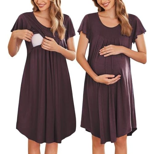 Ekouaer Nursing Nightown Labor and Delivery Gown for Hospital Pleated Breastfeeding Dress Short Sleeve Maternity Sleepwear