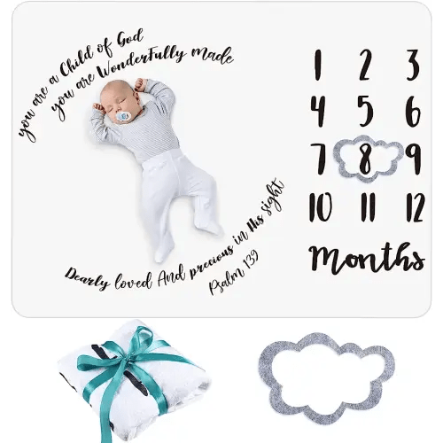 Baby Monthly Milestone Blanket 50" x 40" Soft Flannel Blanket with Growth Chart Felt Frame Christian Swaddling Blanket Baby Shower Gender Neutral Gift for Newborn Picture Nursery Decor