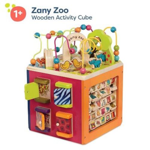 B. toys Wooden Activity Cube - Zany Zoo: Educational Play with Animals, Spinners, Bead Rollercoaster, Functional Doors