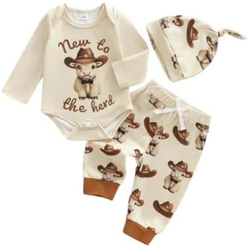 BULINGNANew to the Herd Baby Outfit Cow Print Fall My First Rodeo Long Sleeve Romper Pants Set Hat Western Baby Cowboy Outfit