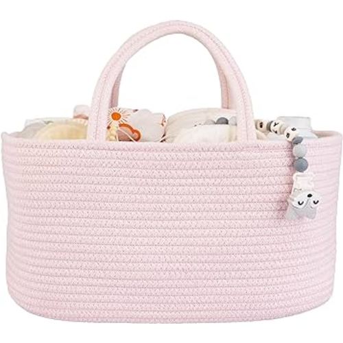 Large Baby Diaper Caddy Organizer for Girl Boy Rope Nursery Storage Bin Basket Portable Holder Tote Bag for Changing Table Car Travel Baby Shower Gifts Newborn Essentials Registry Must Haves Pink