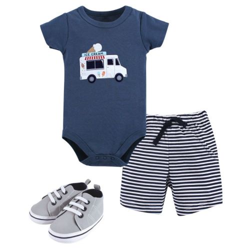 Hudson Baby Infant Boy Cotton Bodysuit, Shorts And Shoe 3pc Set, Ice Cream Truck, 0-3 Months
