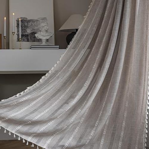 ColorBird Boho Curtains 84 inch Length 2 Panels, Khaki Light Filtering Embroidered Striped Farmhouse Curtain for Bedroom Living Room Closet