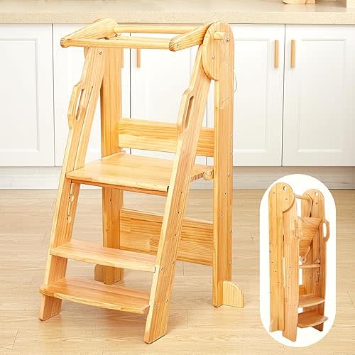 FUNLIO Foldable Step Stool, Montessori Step Stool for Kids 2-6 Years, 3-Level Height Adjustable Kitchen Step Stool for Toddler, Easy to Assemble, CPC Approved - Natural