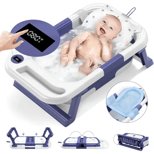 Collapsible Baby Bathtub, Baby Bath Tub for Infants to Toddler, with Thermometer & Soft Floating Cushion & Bath Net, No-Slip Hanging Portable Bathtub
