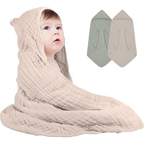 Premium 100% Hooded Cotton Muslin Bath Towels – 2-Pack, 6-Layer, Ultra Soft & Absorbent, for Sensitive Skin Babies & Postpartum Moms, Newborn Must-Have, 32"x32" Gift Set with Bonus Washcloth