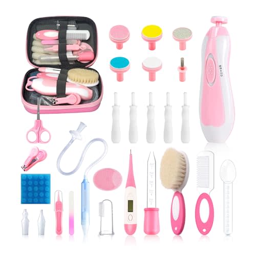 30 in 1 Baby Healthcare and Grooming Kit, Infant Baby Nursery Kit Electric Nail Trimmer Set with Gas Colic Passer Nasal Aspirator Nail Clipper Hair Brush Comb for Newborn Girls Boys (Pink)