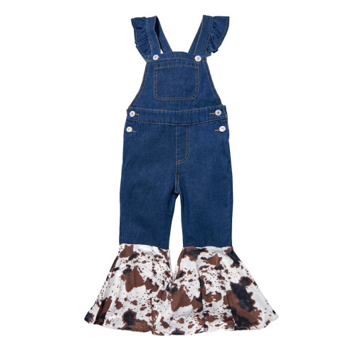 Shea Baby Girl's Dark Wash Cow Print Flare Overalls