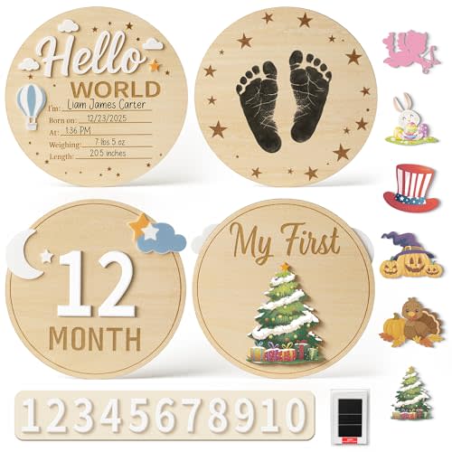 Wooden Baby Announcement Sign Set, 2PK Double-Sided Milestone Signs with 3D Acrylic Decor, Ink Pad, 1–12 Month Numbers. Ideal Gift & Photo Prop for Baby