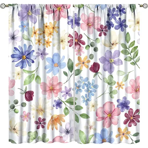 Floral Blackout Curtains, Spring Watercolor Flower Plant Rustic Modern Style Pattern for Bedroom Living Room, 2 Panel Set,42X45 Inch