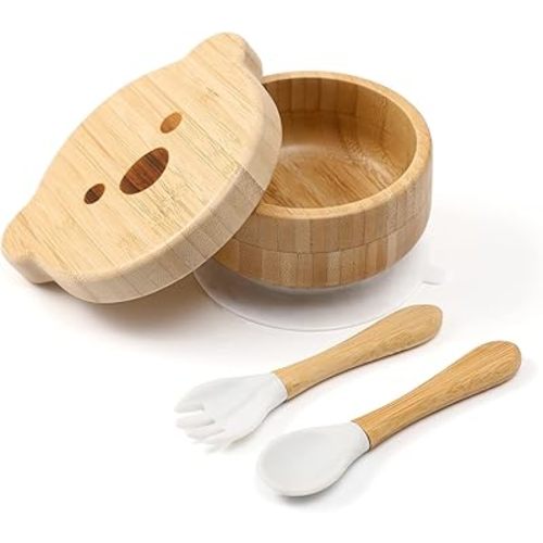 Baby Bowls with Lid,HBM Bamboo Suction Bowls for Baby and Spoon Set,3PC Feeding Supplies Set for Infant, Toddlers,Detachable Silicone Suction Stay Put Base for Wooden Bowl (Marble)