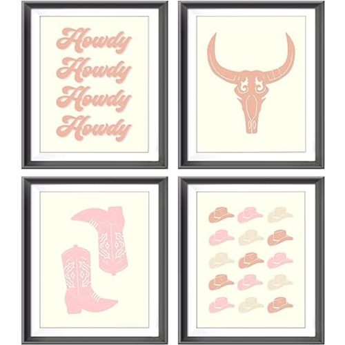Howdy Retro Western Cowgirl Boots Hats Bull Skull Poster Prints for Home Girls Room Dorm Decor,Neutral Preppy Decorations Prints Wall Art Unframed 4pcs 8x10 Inches,Teen Girls Cowgirls Gifts (8W×10L)