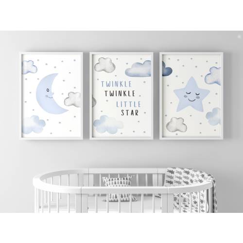 Twinkle Twinkle Little Star Baby Boys Nursery Decor, Set Of 3 Unframed Poster Prints Grey Blue New Baby Gift Baby Shower Idea