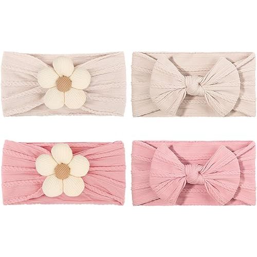 4 Pcs Baby Bow Headbands Flower Baby Girls Headband Nylon Stretchy Soft Hairbands Hair Accessories for Newborn Infant Toddlers Kids Preemie Essentials