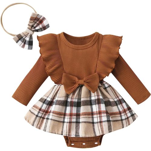 Madjtlqy Toddler Baby Girl Fall Winter Outfit Set Plaid Romper Dress Ruffles Long Sleeve Clothes Jumpsuit with Bow Headband