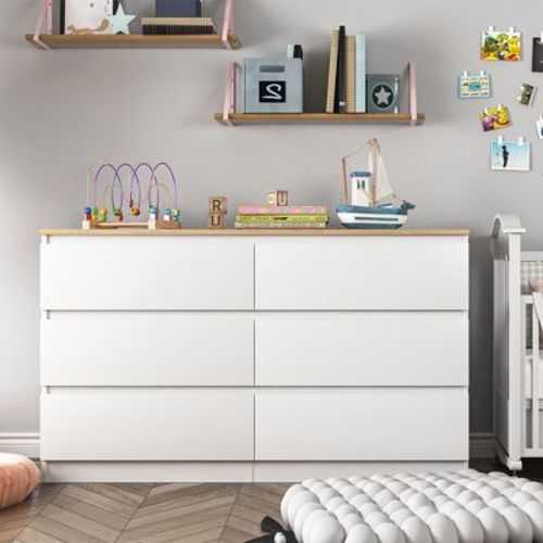 Resenkos Modern Mid Century 6 Drawer Wide Dressers Chests for Bedroom, Chest of Drawer Organizer White&Oak