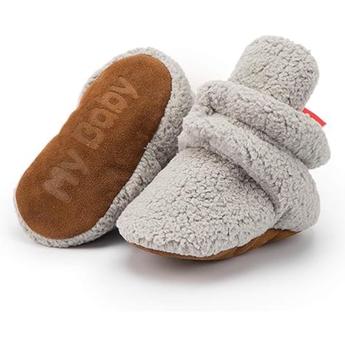 Babelvit Newborn Baby Boy Girl Soft Fleece Booties Stay On Infant Slippers Socks Shoe Non Skid Gripper Toddler First Walkers Winter Ankle Crib Shoes