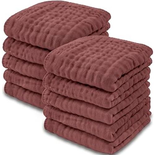 Baby Washcloths, Muslin Cotton Baby Towels, Large 10”x10” Wash Cloths Soft on Sensitive Skin, Absorbent for Boys & Girls, Newborn Baby & Toddlers Bibs & Burp Cloths Essentials Set (Wine, Pack of 10)