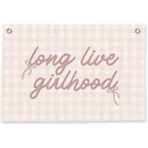 RTXLEZM Long Live Girlhood Banner Girls Room Decor, Vintage Bow Coquette Pink Gingham Wall Art Hanging,Large Canvas Banner Flag Print for Toddler Playroom Banner with Two Metal Grommets,36x24