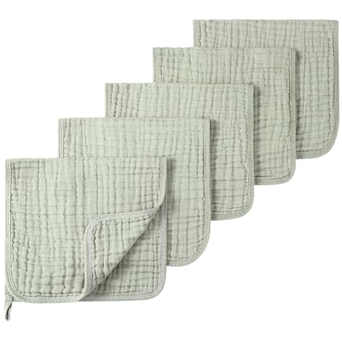 SnugOre Muslin Burp Cloths 5 Pack Large 20x12 inches Baby Burping Cloths, 6-Layer 100% Cotton for Newborn Boys Girls, Ultra Soft & Absorbent（Green）