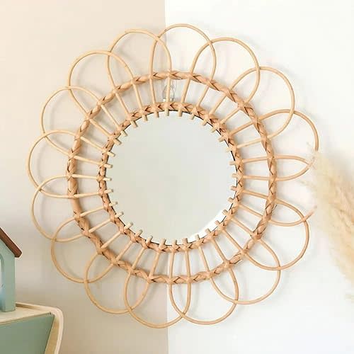 Round Natural Rattan Mirror, Boho Mirror Wall Hanging Decor, 19 Inch Rustic Sunflower Handmade Circle Mirrors for Nursery Bedroom Living Room Bathroom Wall Décor