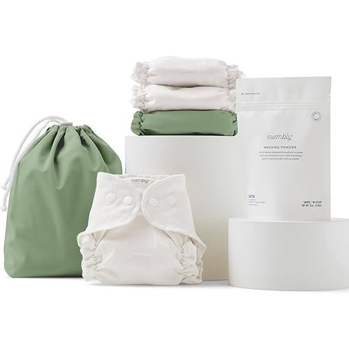 Esembly Cloth Diaper Try-It Kit, Starter Gift Set, Includes 3 Organic, Reusable Diapers Inners, 1 Stylish Outer, Patented Detergent & Wet Bag - Earth-Friendly Diapering, Aloe, Size 1 (7-18lbs)