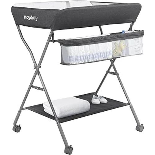Baby Changing Table with Wheels, Maydolly Portable Adjustable Height Folding Diaper Station with Nursery Organizer & Storage Rack for Newborn Baby and Infant (Dark Grey)