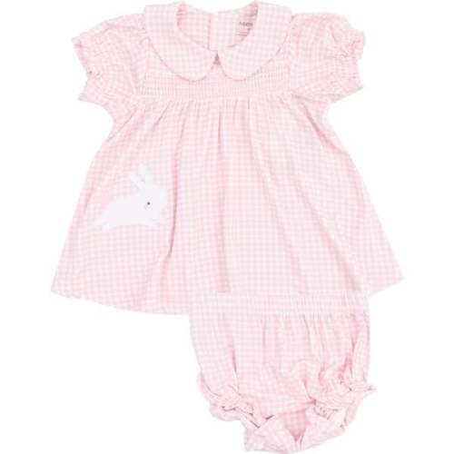 Classic Smocked Peter Pan Collar Dress with  Bunny Applique and Diaper Cover, Mini Gingham Pink - Angel Dear | Maisonette