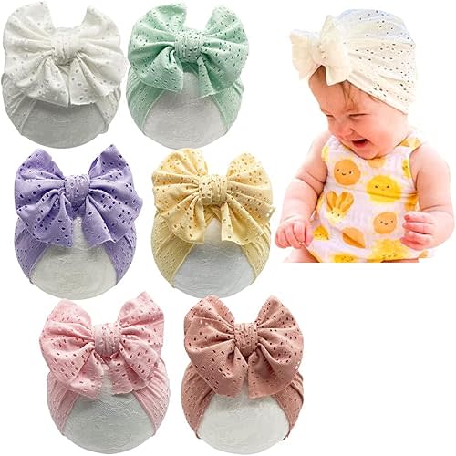 Baby Girls Hair Bow Turban Hat 6PCS Set, Top Bowknot Head Wrap Beanie India Caps for Infant Toddlers
