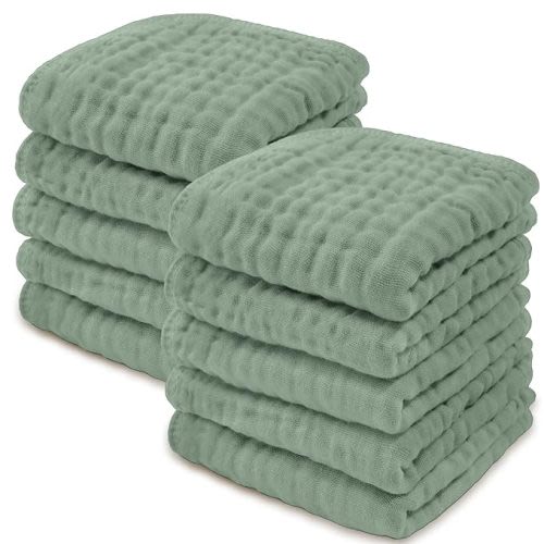 Comfy Cubs Muslin Baby Washcloths 10 Pack - Soft 6-Layer Cotton Wash Cloths for Sensitive Skin - 10"x10" Large, Gentle, Absorbent Infant Essentials for Newborn and Toddlers - (Fern)