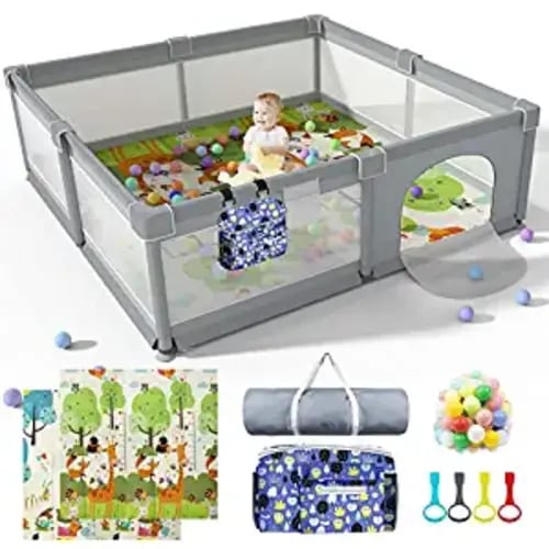 LUTIKAING 79"x71" Baby Playpen with Mat, Safe Playpen, Play Pen for Babies and Toddlers, Large Play Yard, Zipper Gate, Anti-Slip Suckers, Ideal Baby Gate Playpen for Toddlers 1-3 - Grey - 79" x 71" with XPE Mat