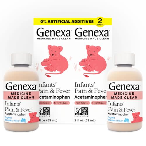 Genexa Infants’ Clean Pain & Fever Acetaminophen, Dye Free, 0% Artificial Additives, Delicious Organic Blueberry Flavor, Liquid Oral Suspension Medicine for Baby, 160 mg per 5mL, 4 fl oz (2 Pack)