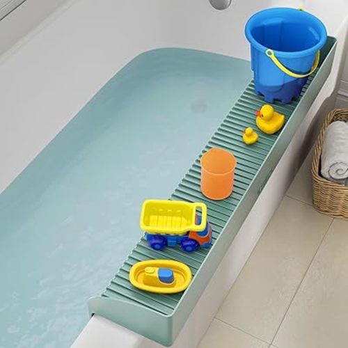 Bathtub Splash Guard for Kids - Silicone Tub Side Shelf for Extra Play Space, Large Bath Toy Tray Holder, Tub Water Splash Guard with Strong Suction Cups, Bathroom Accessories for Baby Bath, (Aqua)