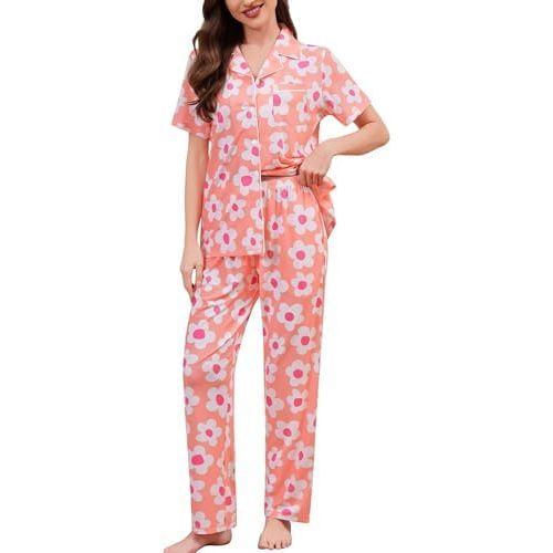 SWOMOG Women Pajama Sets Two-Piece Nightwear Short Sleeve Sleepwear Button Down Pj Lounge Sets with Long Pants