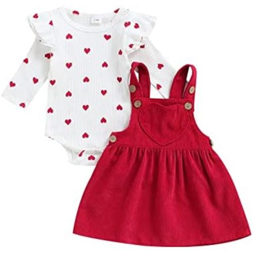 Baby Girl Valentines Day Outfit Heart Pattern Ruffle Long Sleeve Romper + Suspender Skirt Cute Newborn Clothes