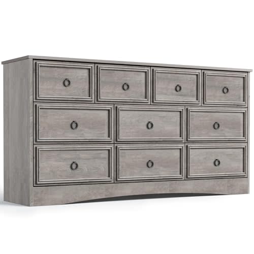 LGHM Modern 10 Drawer Dresser, 59.05" Long Dressers for Bedroom, Chest of Drawers Closet Organizers and Storage Clothes - Easy Pulls Handle, Textured Borders Living Room, Hallway, Gray