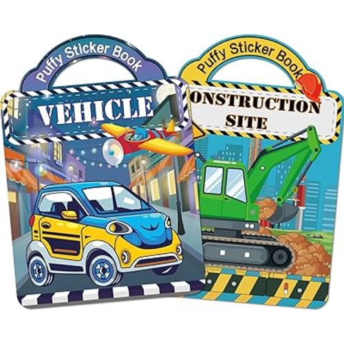 2 Pack Puffy Sticker Books for Kids 2-4, Construction Truck and Vehicle Car Stickers for Toddlers Boys, 3D Reusable Stickers Books for Toddlers 1-3, Activity Books for Boys Party