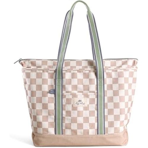 Itzy Ritzy Canvas Tote Bag - Zip-Top Closure, Roomy Main Compartment & 4 Pockets - Lightweight Cotton Canvas Carryall for Moms - Perfect for Travel, Beach, Errands & Everyday (Checkerboard)