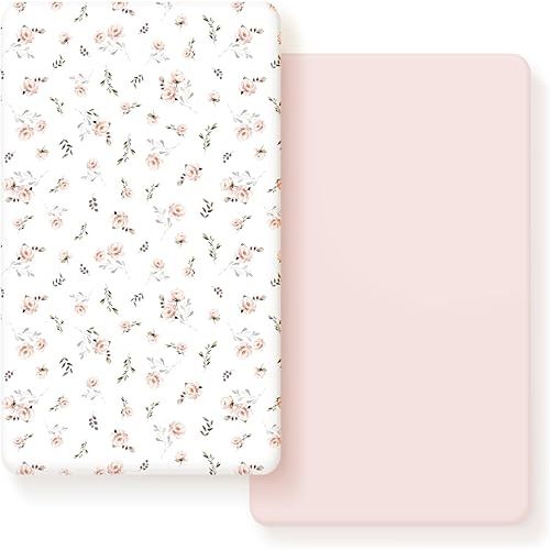 Stretch Ultra Soft Jersey Knit Fitted Crib Sheets Set 2 Pack，Fit All Standard Crib Mattress Pads Safe and Snug, Crib Fitted Sheet for Baby, Pink Rose Print