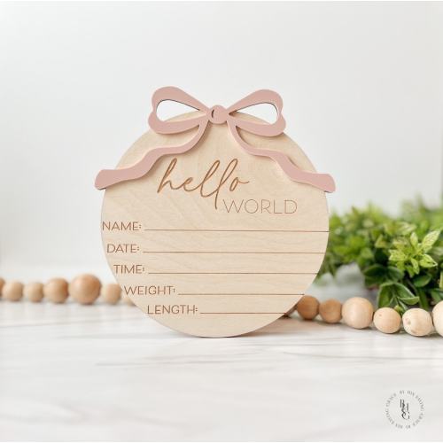 Hello World Bow Baby Announcement Sign With Birth Stats | Matching Name Plate | Baby Girl Birth Announcement | Personalized Baby Name Sign